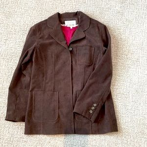 Brown suede-feel polyester blend jacket lined.